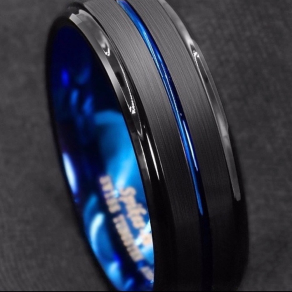 WEDDING BAND TUNGSTEN BLACK STREAMLINE COBALT BLUE